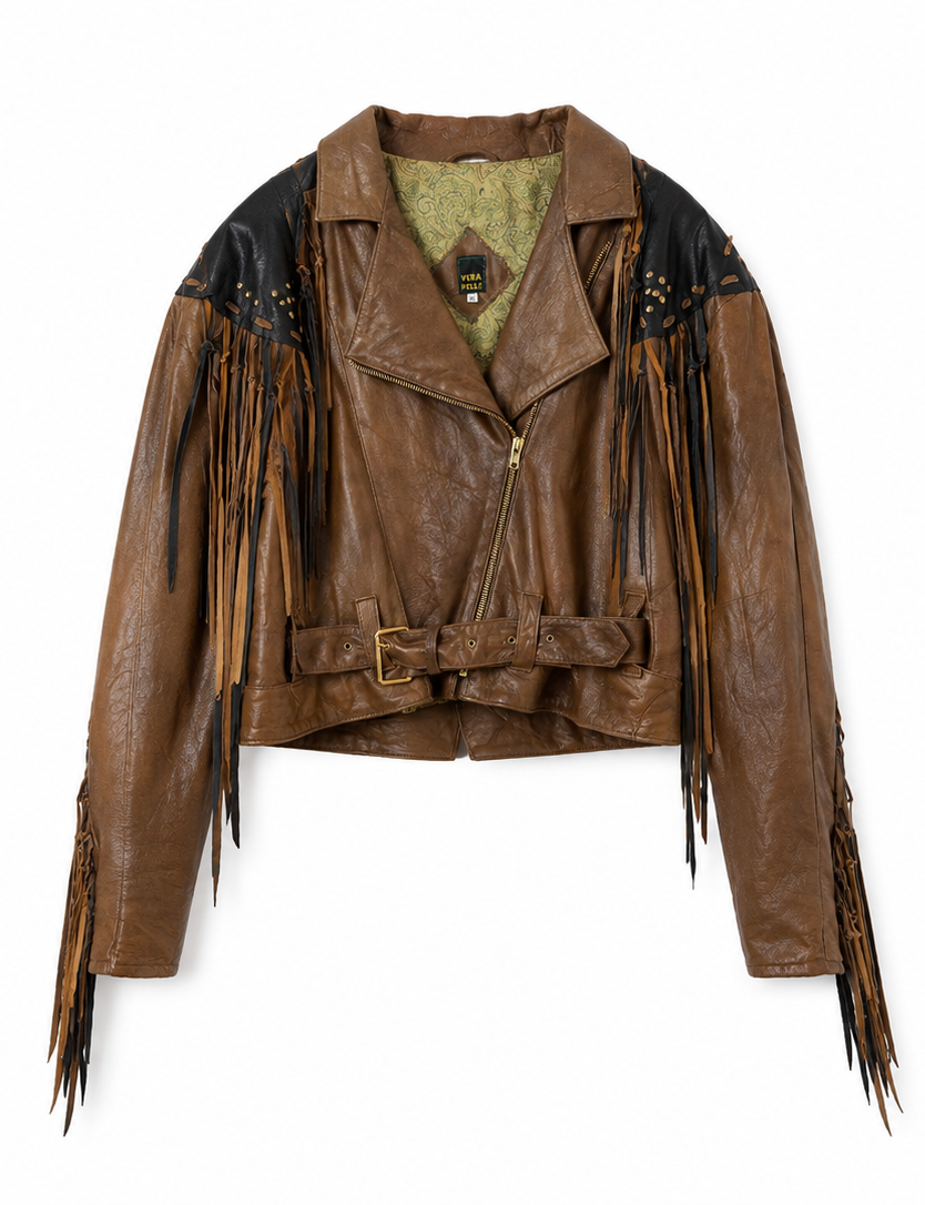 Vintage Vera Pelle Fransen-Lederjacke Größe XL – Vorderseite