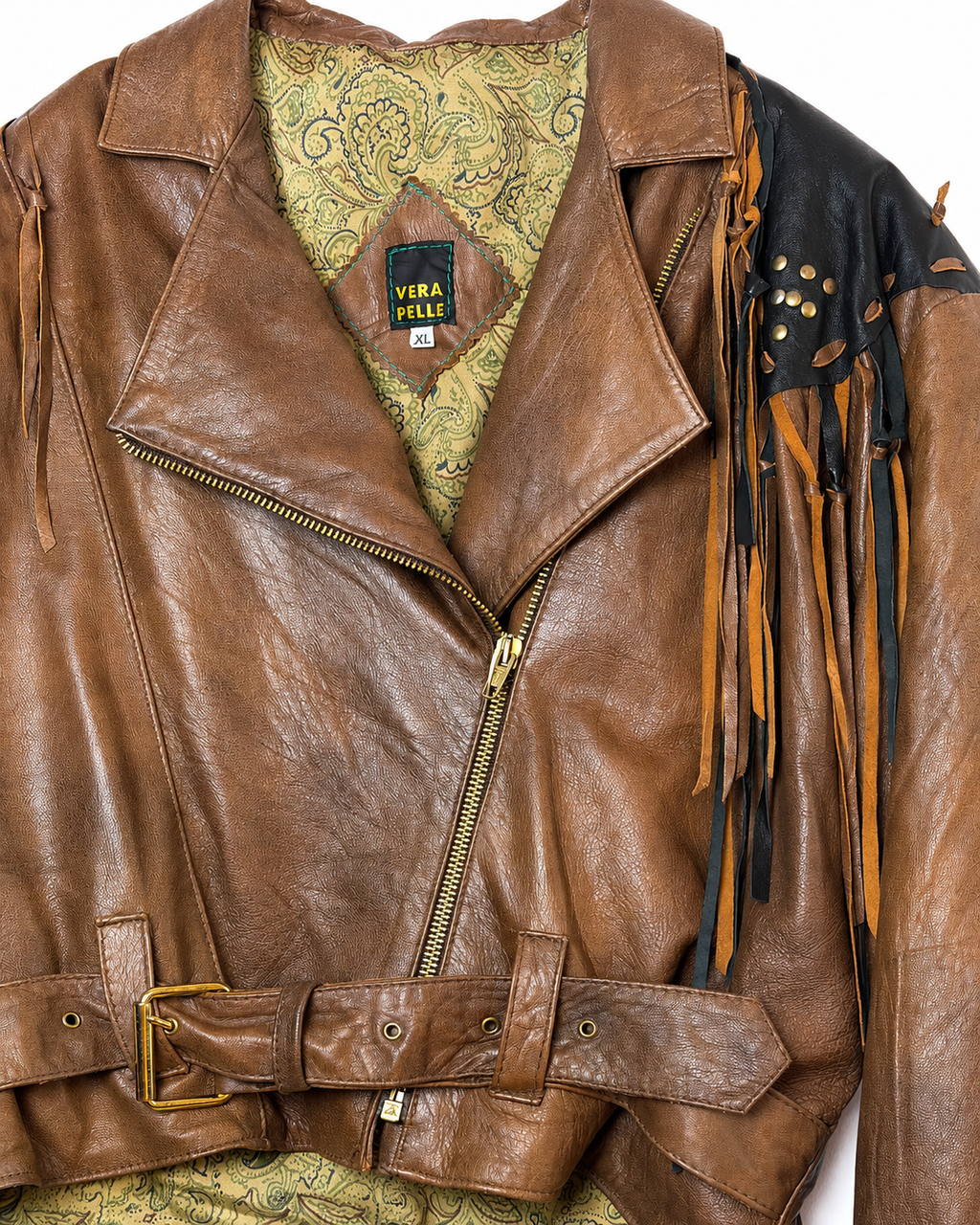 Vintage Vera Pelle Fransen-Lederjacke Größe XL – Detailansicht