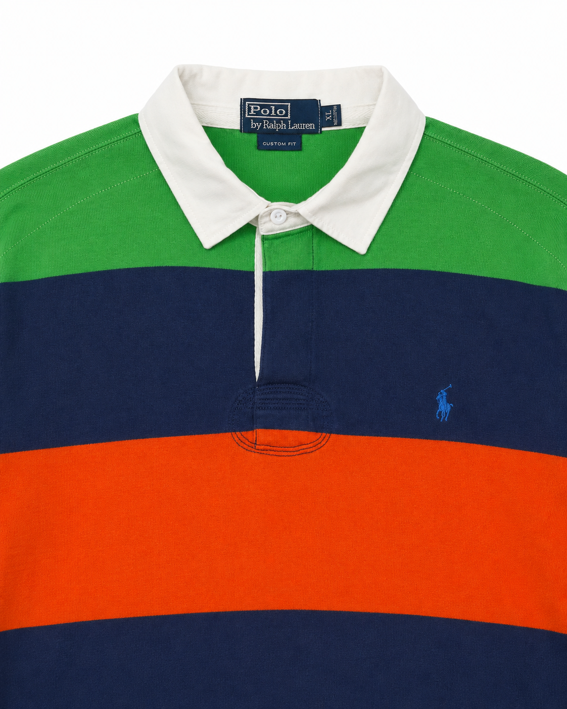 Vintage Polo Ralph Lauren Rugbyshirt gestreift Grün Navy Orange – Detailansicht