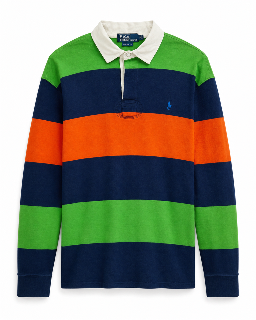 Vintage Polo Ralph Lauren Rugbyshirt gestreift Grün Navy Orange – Vorderseite
