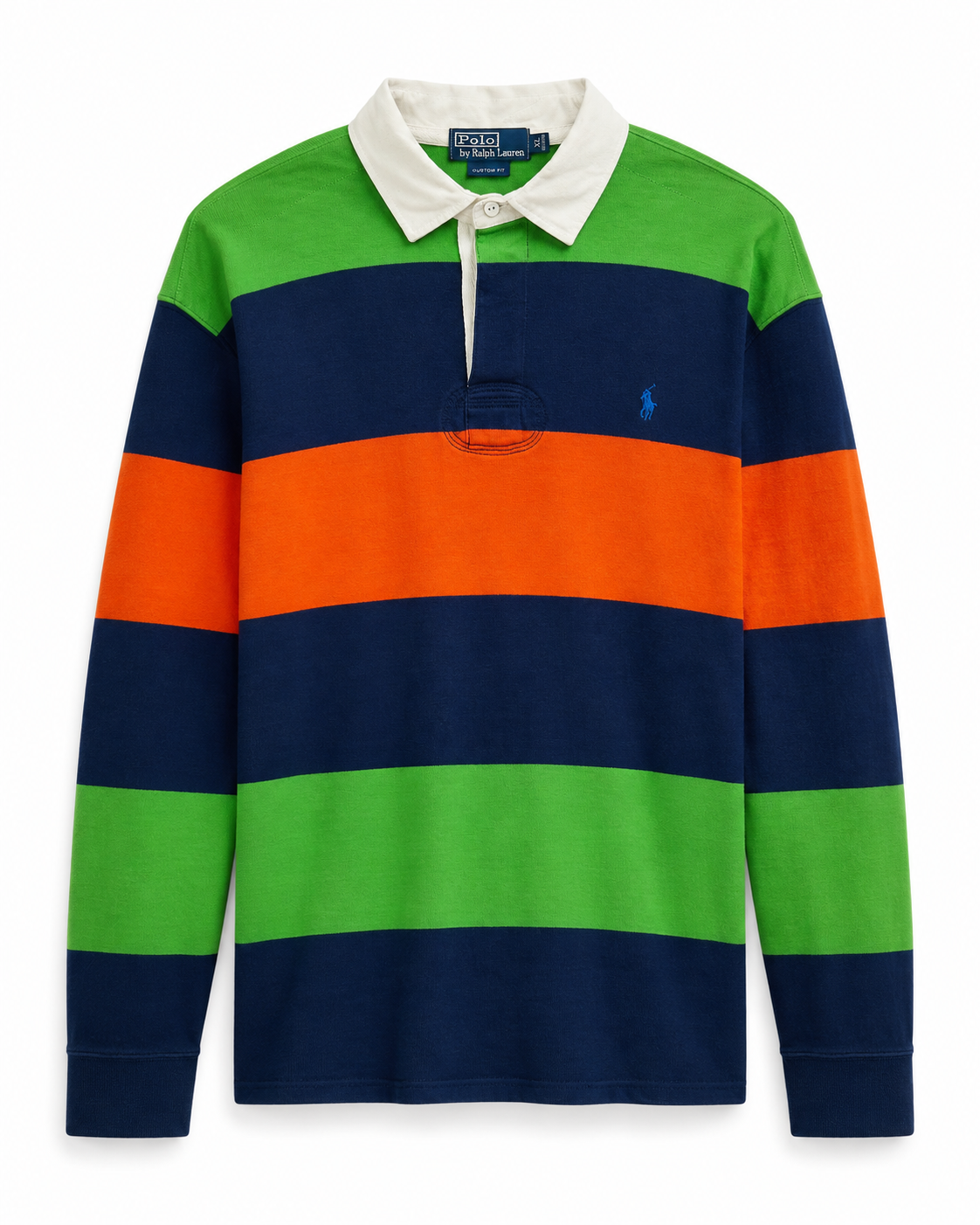 Vintage Polo Ralph Lauren Rugbyshirt gestreift Grün Navy Orange – Vorderseite