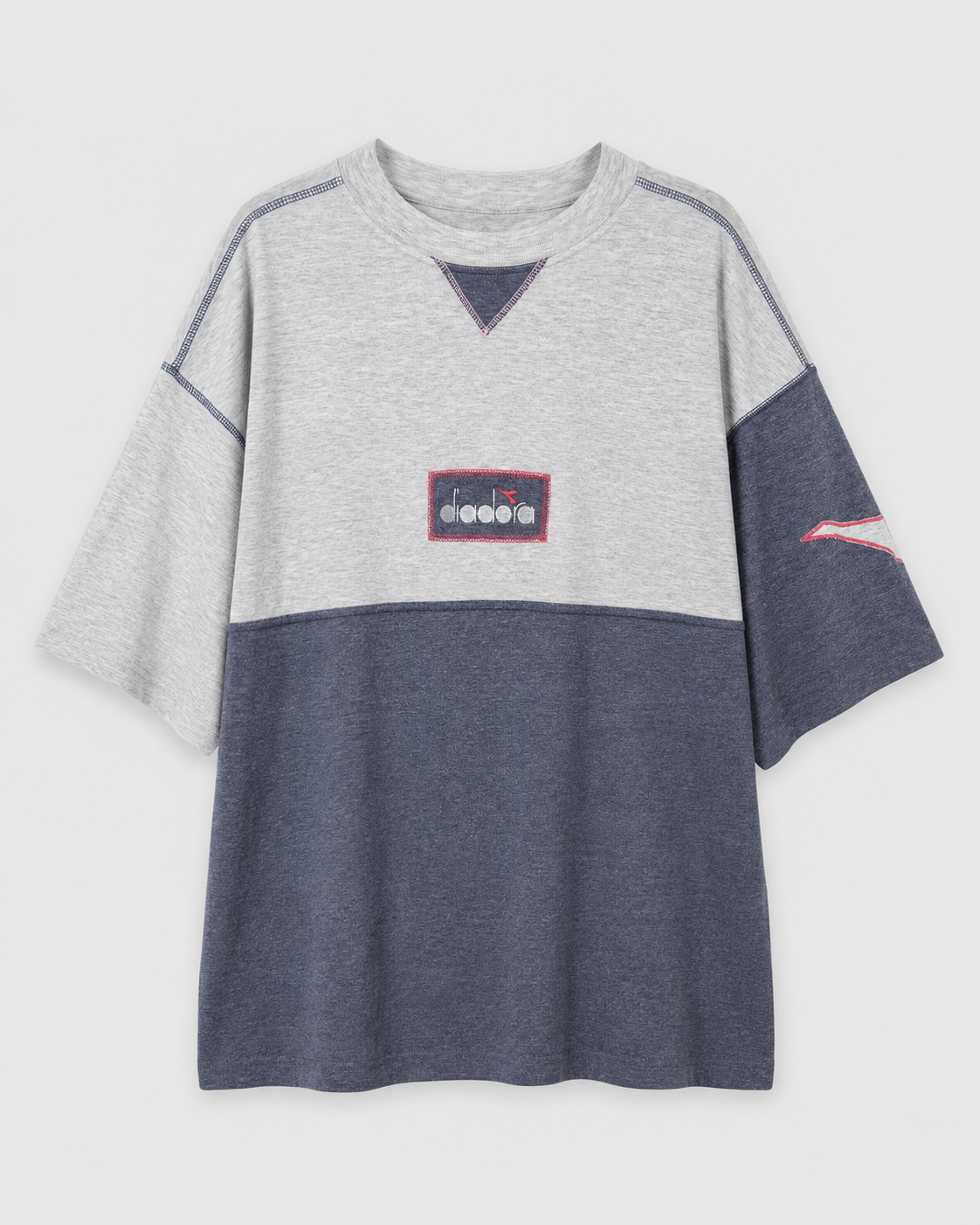 Vintage Diadora Colorblock T-Shirt Grau Blau Größe M Vorderseite