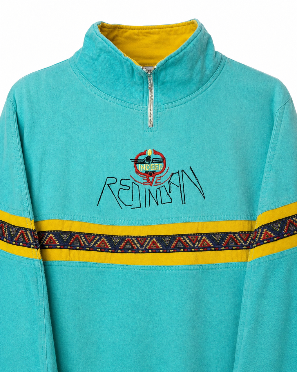 Vintage Indeed Sweatshirt in Türkis – Detailansicht von Stickerei und Musterband
