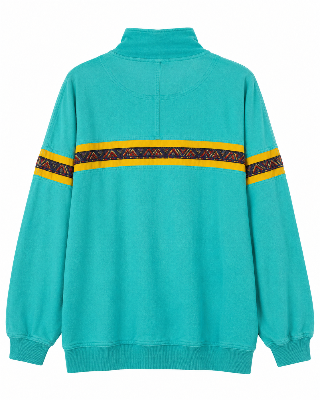 Vintage Indeed Sweatshirt in Türkis mit gelbem Musterband – Rückseite