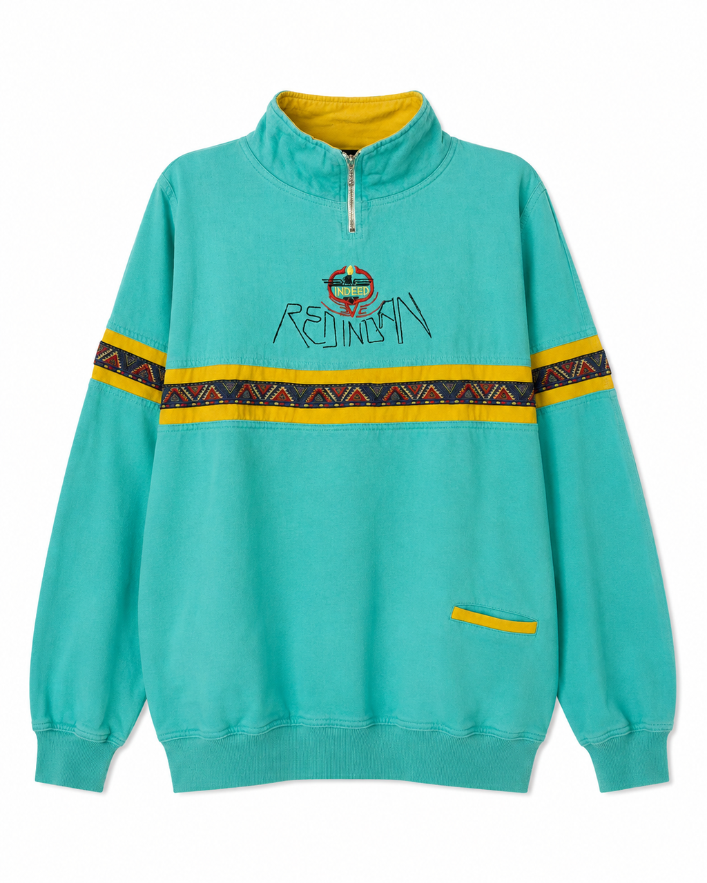 Vintage Indeed Sweatshirt in Türkis mit gelbem Musterband – Vorderseite