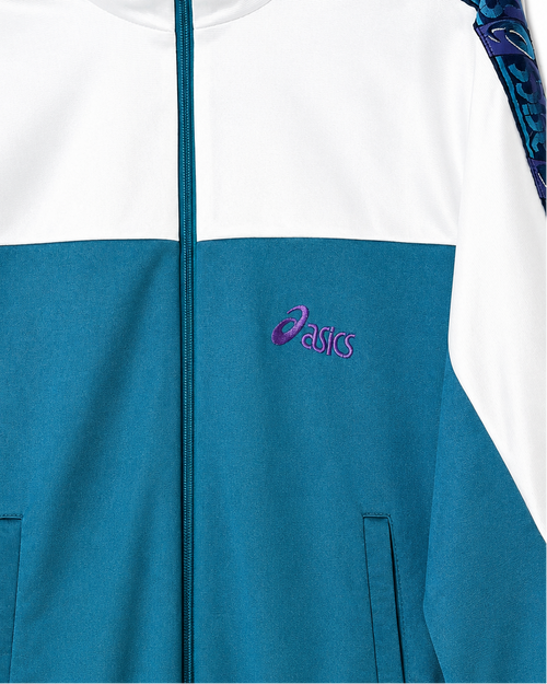 Vintage ASICS Trainingsjacke Türkis Weiß Lila – Detail Vorderseite und Logo