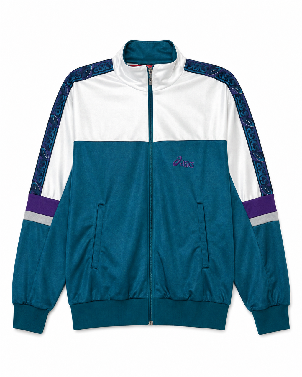 Vintage ASICS Trainingsjacke Türkis Weiß Lila – Vorderansicht