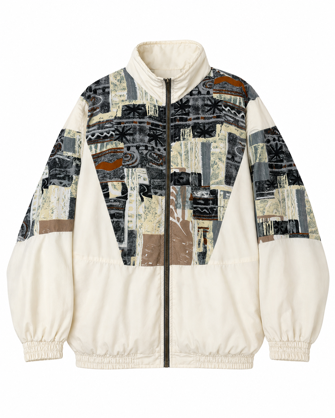Vintage Windbreaker Creme mit abstraktem Retro-Print – Vorderansicht