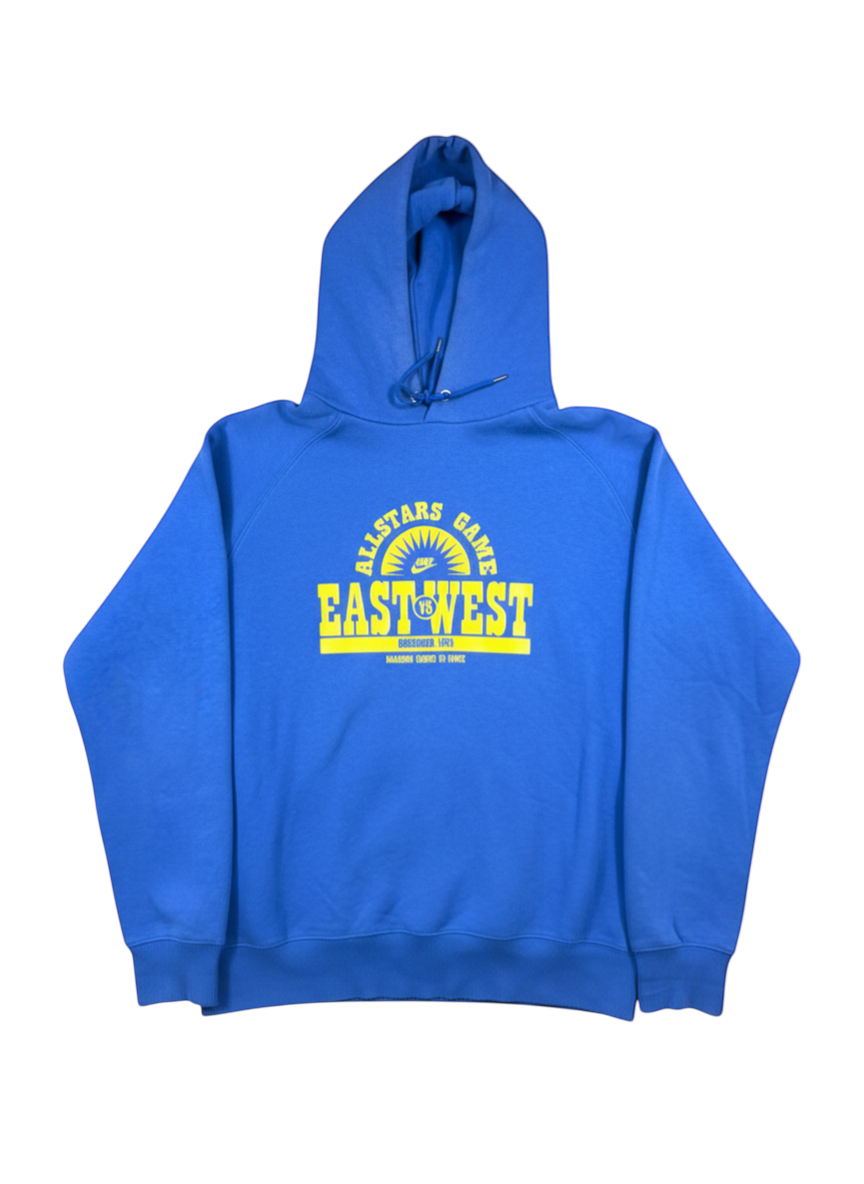 Vintopie blue cotton Nike East vs West sweatshirt with yellow graphic print and drawstring hood.