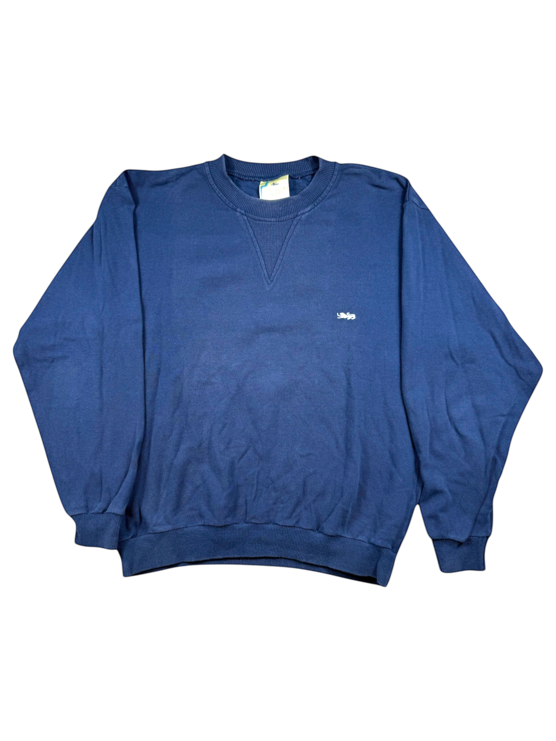 Vintopie navy blue cotton sweatshirt with a small white embroidered logo on the chest and a V-neck detail.