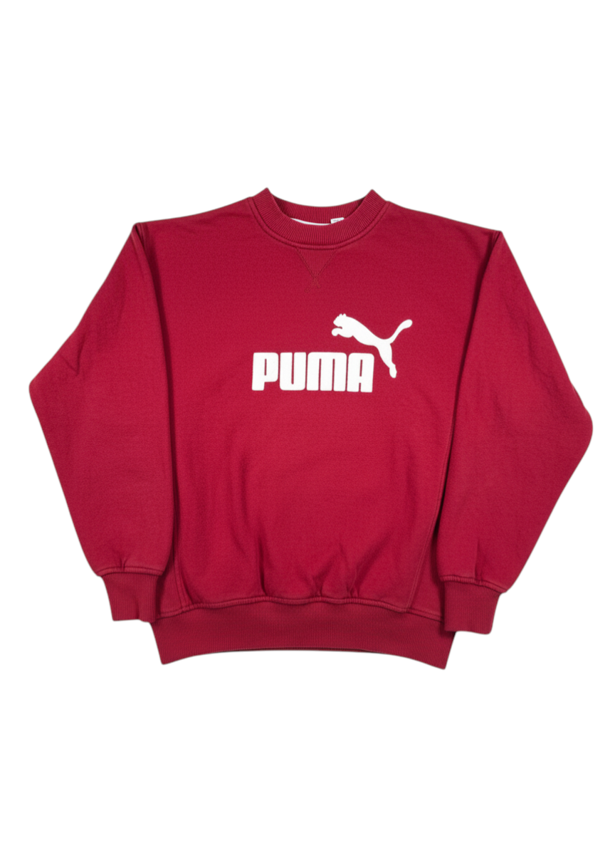Vintopie red crewneck sweatshirt with white Puma logo and cat graphic. Cotton blend.