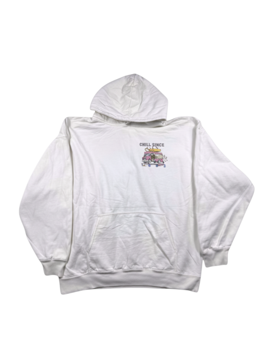 Vintopie white cotton hoodie with a graphic print of a pink van and the text "CHILL SINCE".